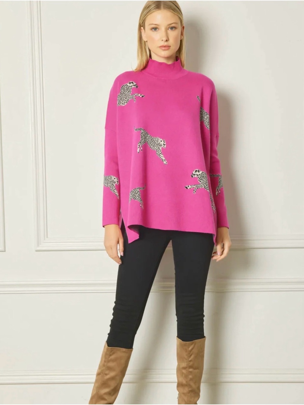 Entro Women's Hot Pink Leopard-Print Mock Neck Sweater - Picture 3 of 4